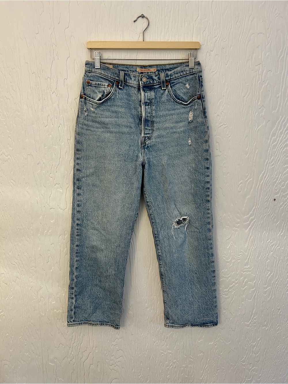 LEVI'S Ribcage Ankle Straight Jeans Light Wash 29 Blue Distressed StretchPremium